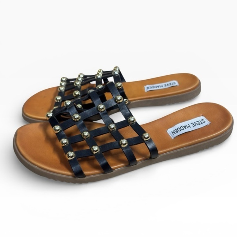Steve Madden Skyler Black Studded Cage Slide Sandals Size 9 Gold Studs